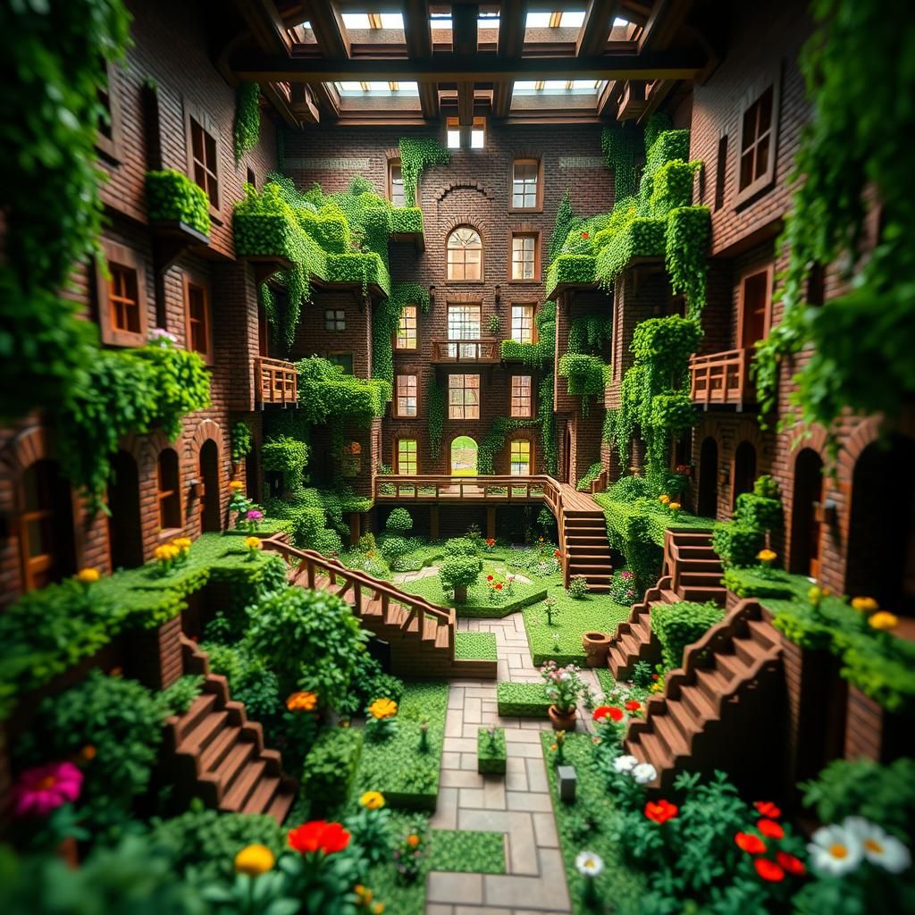 Minecraft Mansion with Central Garden, Detailed Digital Art