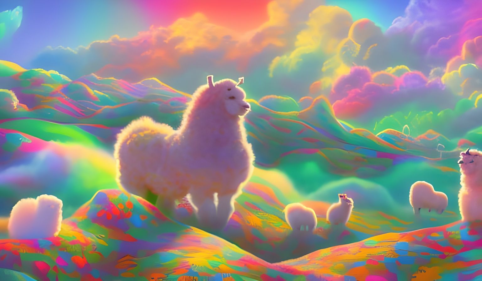 Dreamlike Alpaca Wonderland in Vibrant Gouache Style