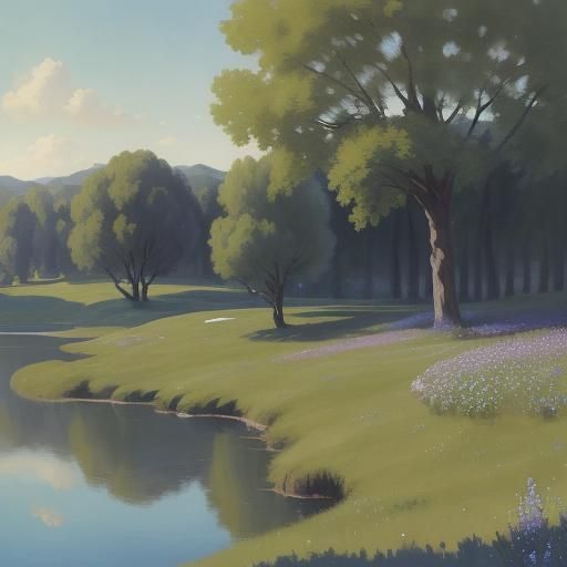 Blooming Meadow Landscape Painting in Corot Style