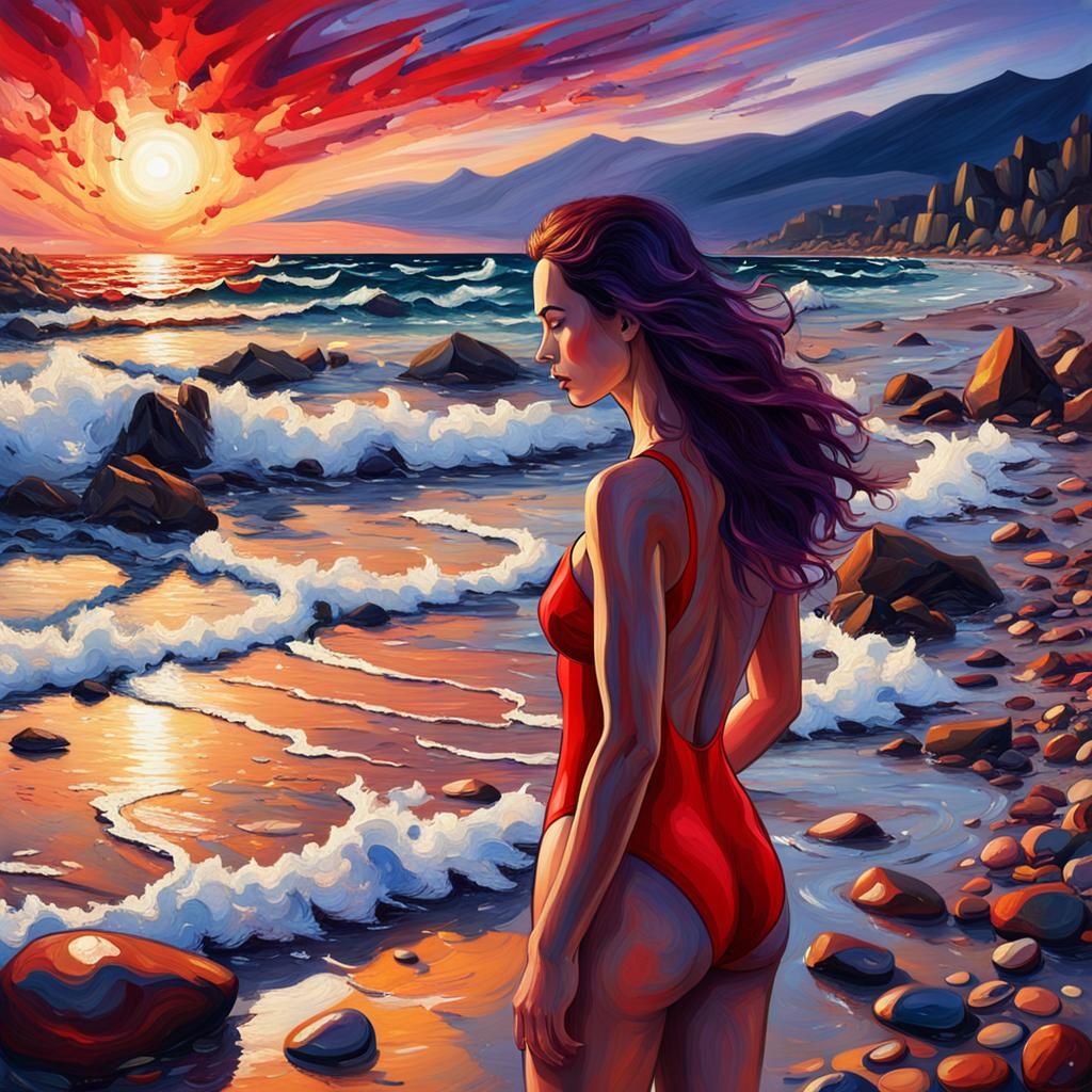 Sunrise Beach: Expressive Oil Painting of Solitude