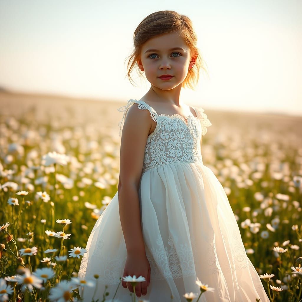 Girl in White Dress in Daisy Field, Impressionistic Style
