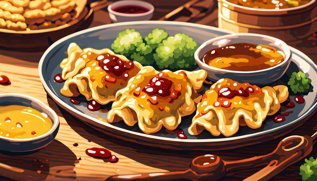 Savory Pan-Fried Pot Stickers in Golden Hour Light