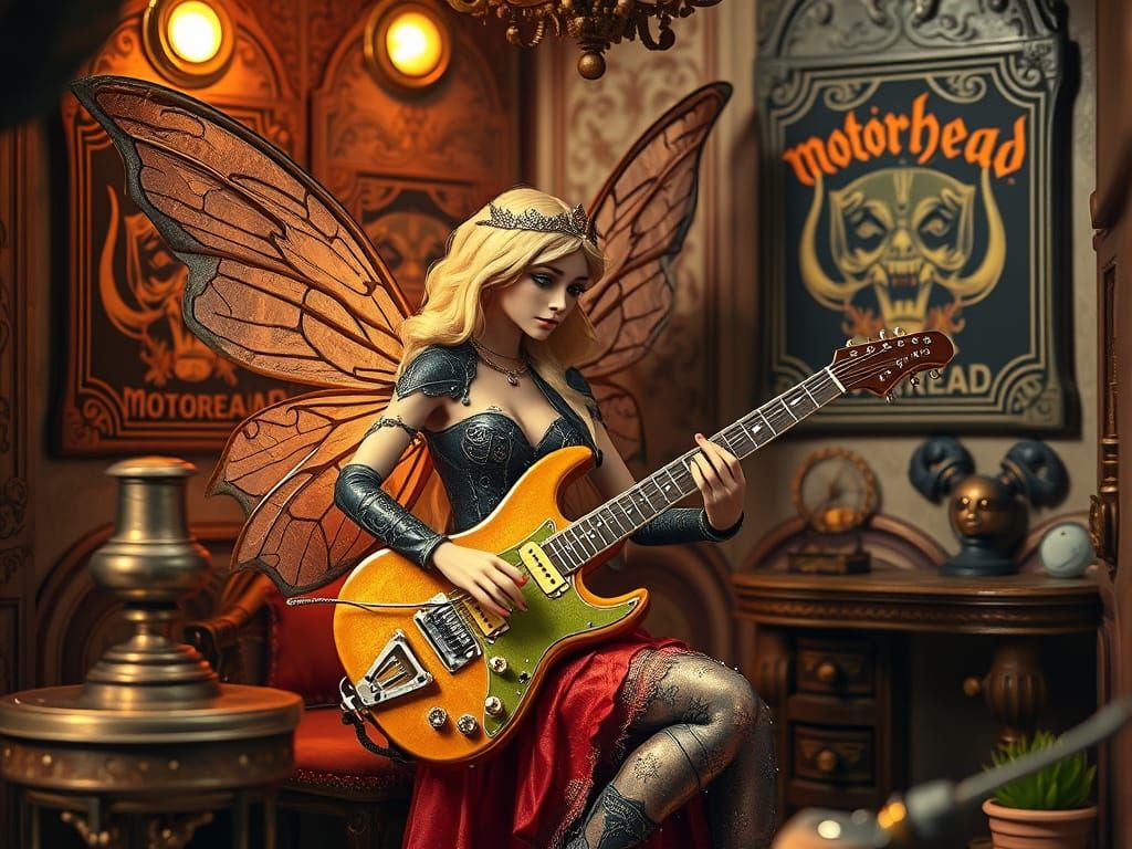 Steampunk Fairy Plays Guitar in Art Nouveau Dollhouse