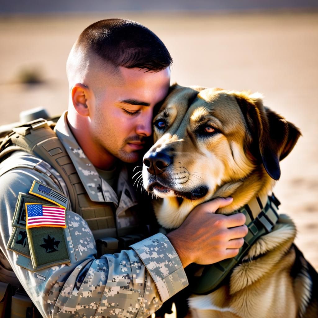 Soldier with PTSD Hugging Support Dog