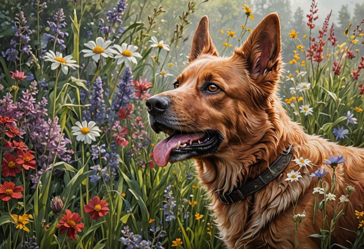 Old Red Dog in Flower Meadow: Hyperrealistic Splash Art