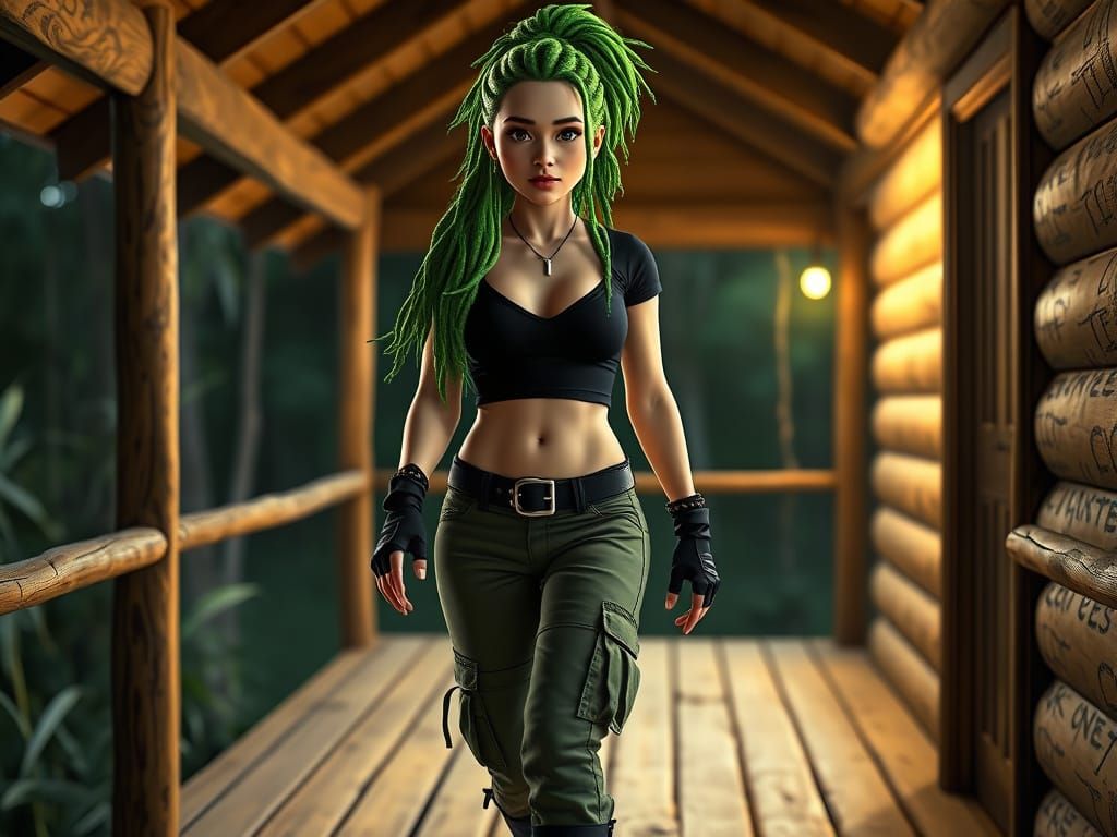 Green Dreadlocks Girl on Cabin Porch, 3D Render