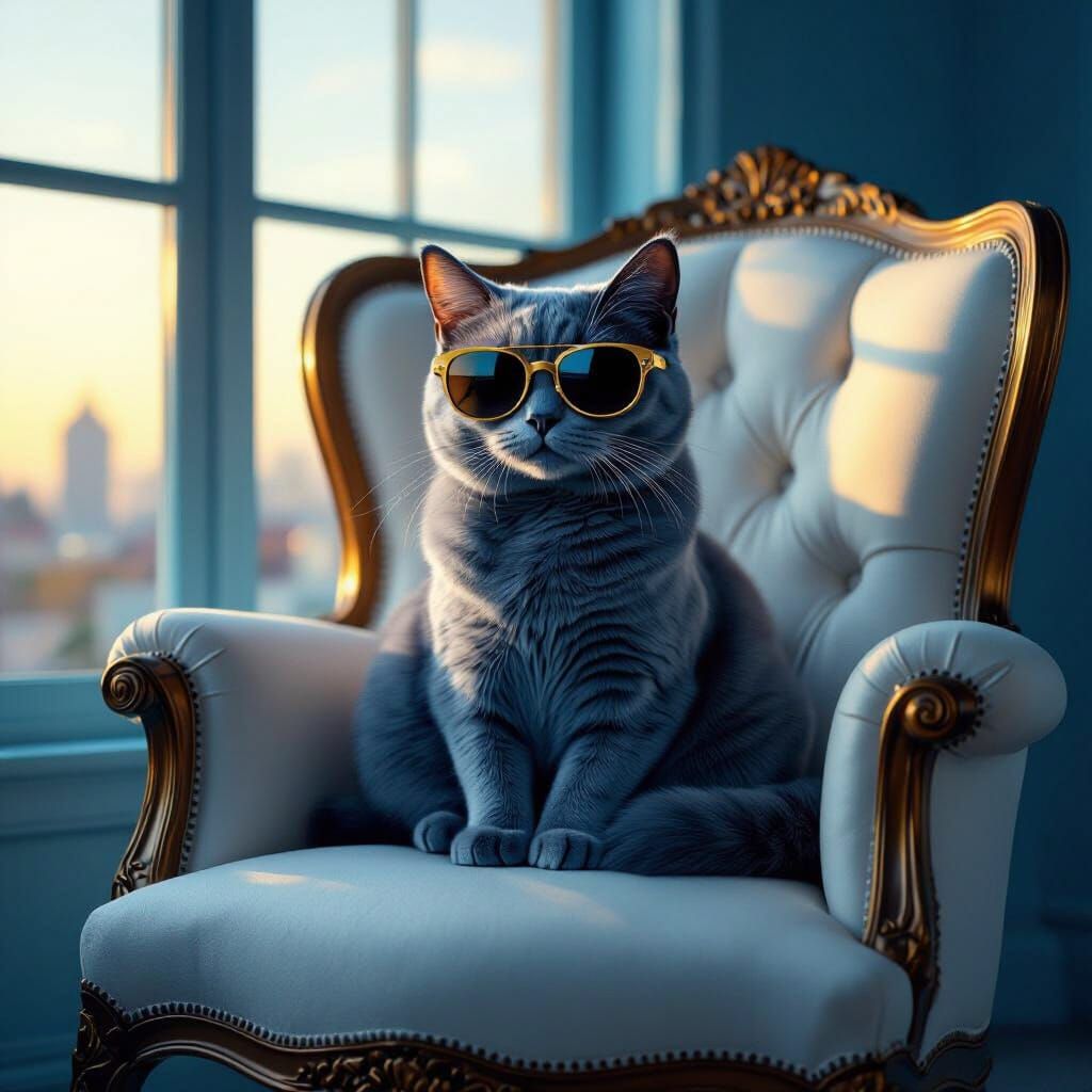 Sapphire Cat in Sunglasses on White Chair