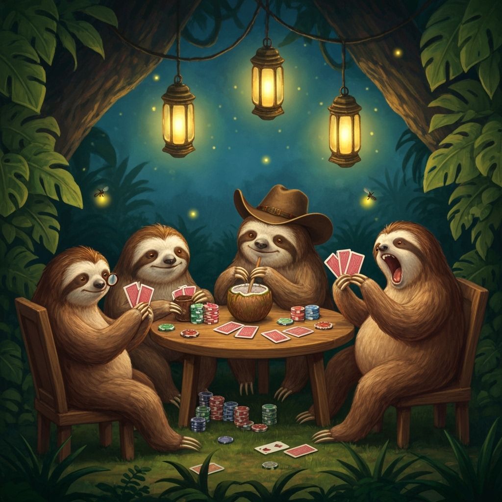 Sloths Play Poker in Lush Jungle Clearing