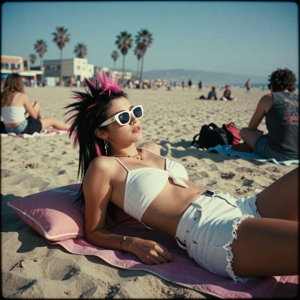 Punk Girl Sunbathing at Venice Beach Cinematic Film Still