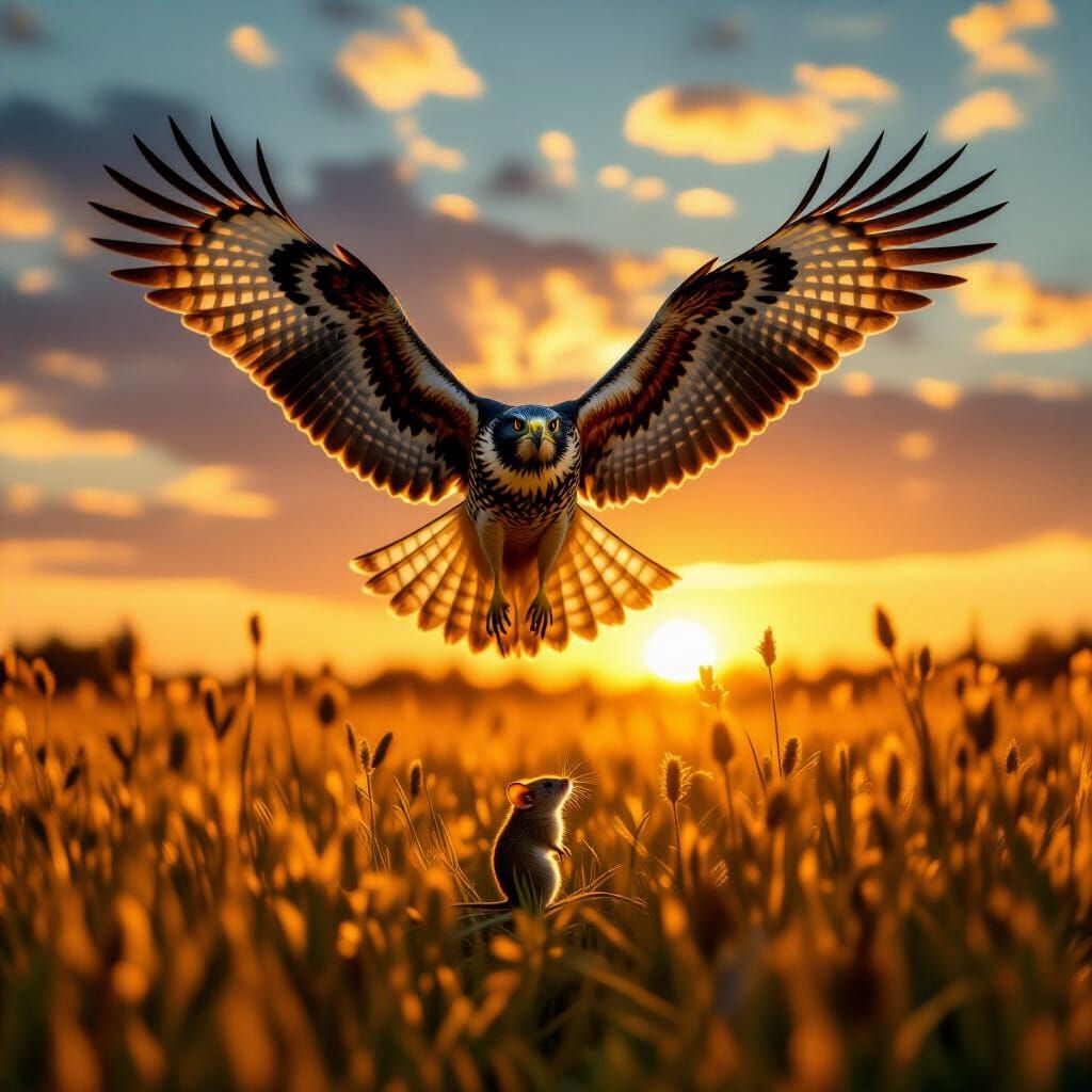 Hawk and Mouse in Golden Field at Sunset