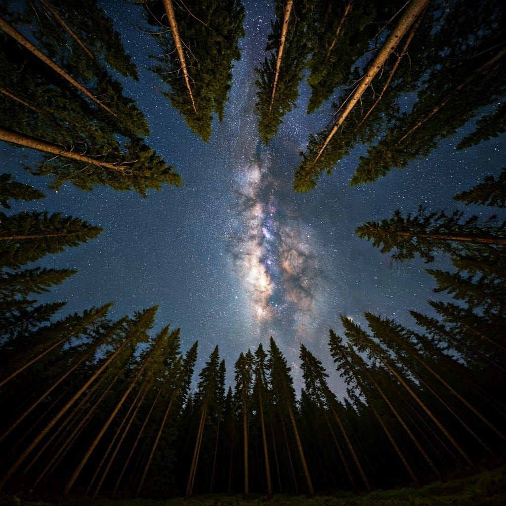 Starry Night Sky Through Forest Canopy