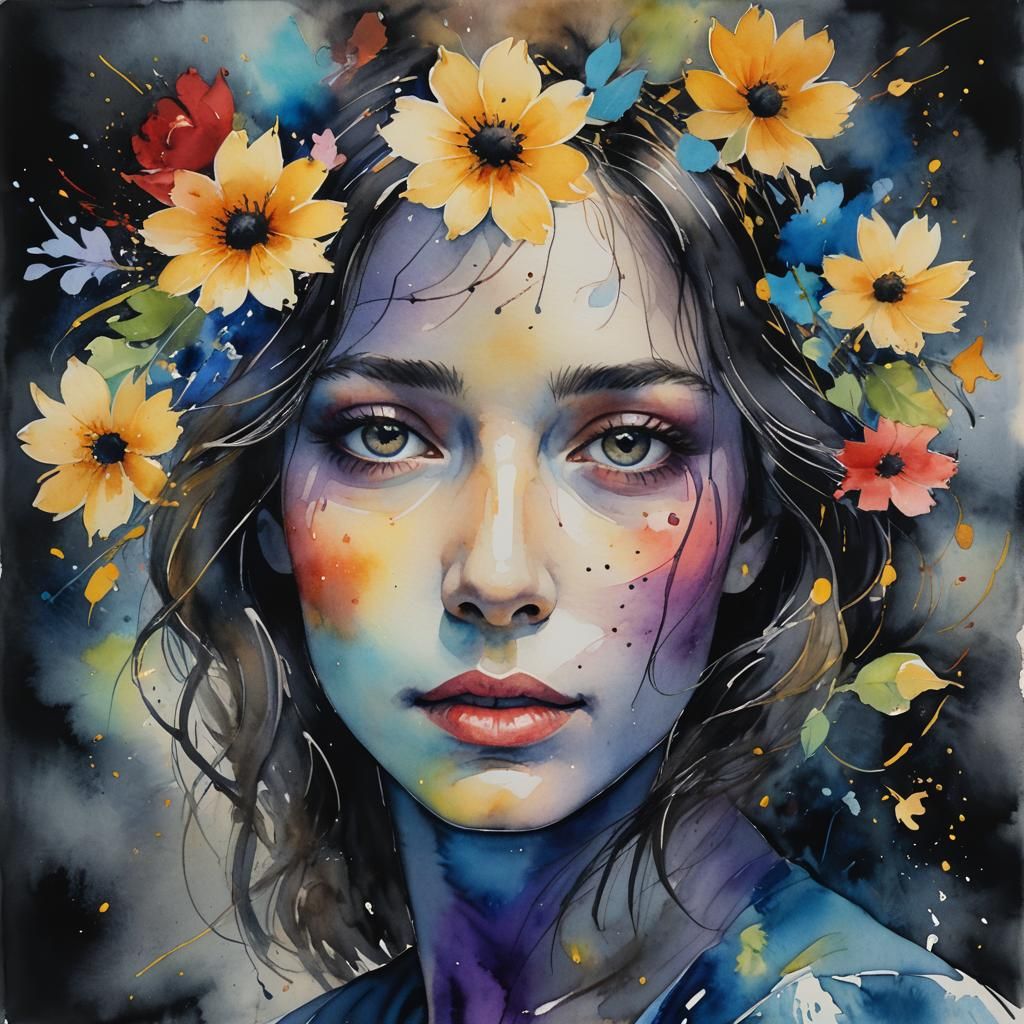 Dreamy Watercolor Portrait of Woman in Pastel Hues