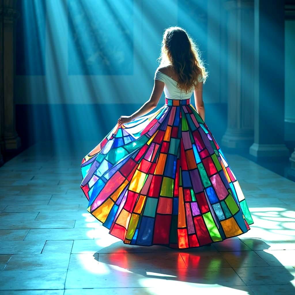 Vibrant Stained Glass Window Illuminates Woman in Ethereal W...