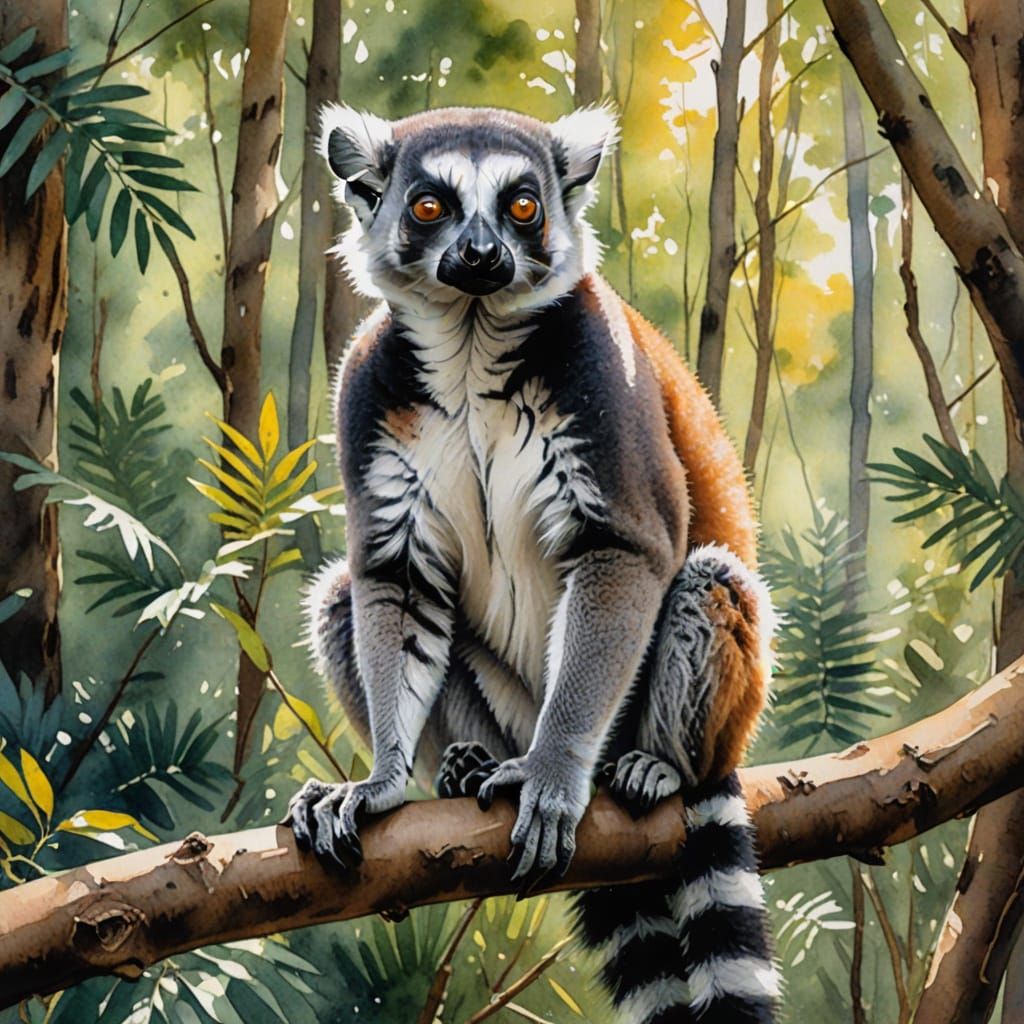 Lemur in Forest Watercolor Painting with Vibrant Colors