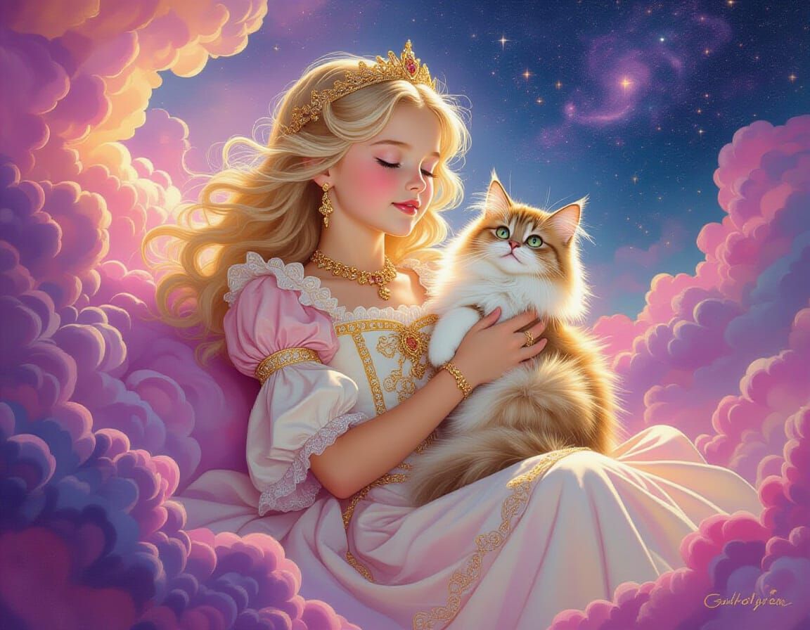 Girl with Cat Floating in Dreamy Nebula