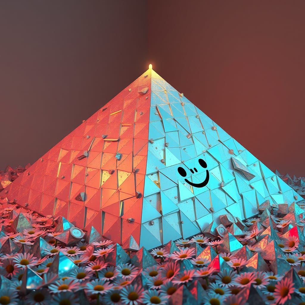 Crumbling Chrome Pyramid in Hyperrealistic CGI Style