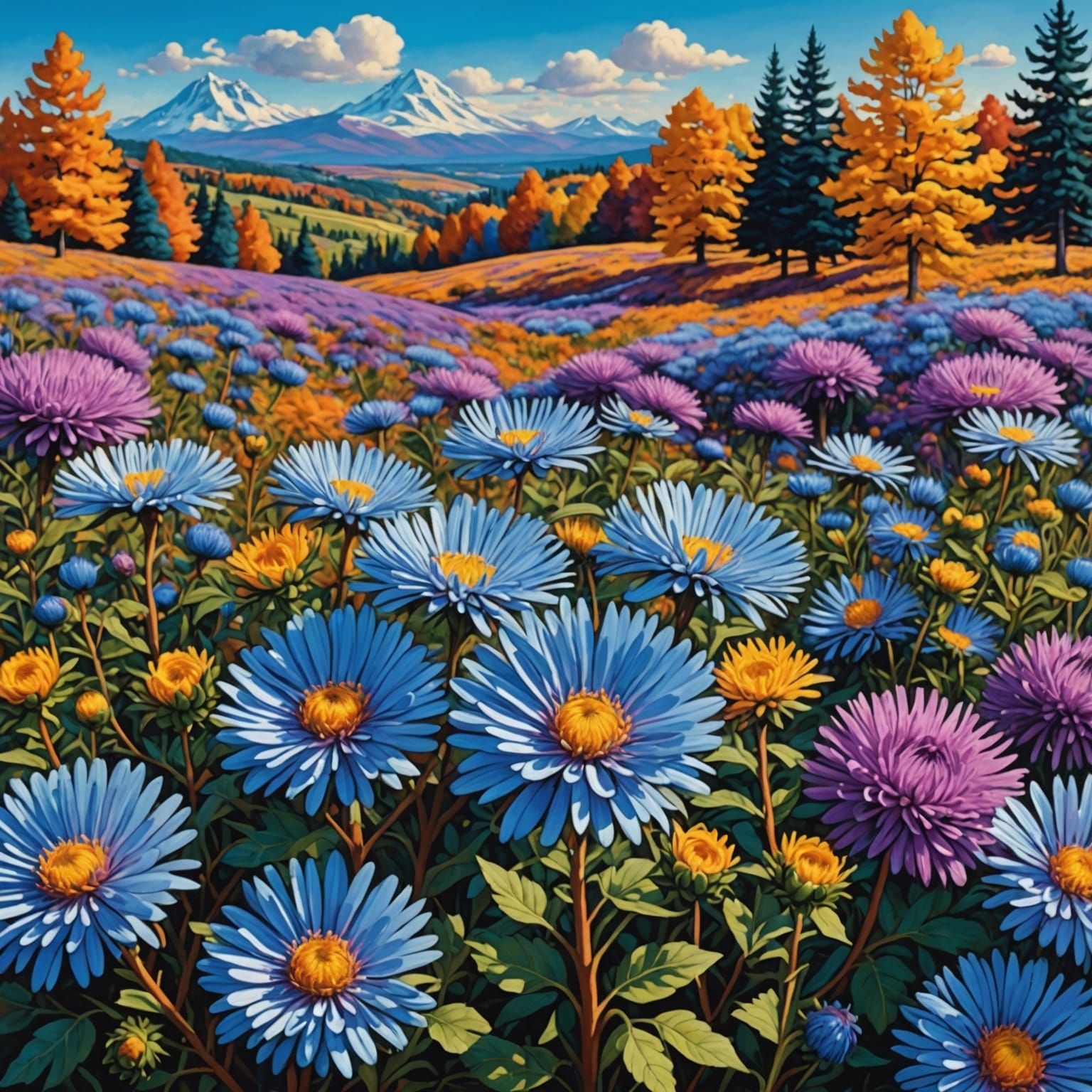 Blue Autumn Asters in Maximalist Panorama