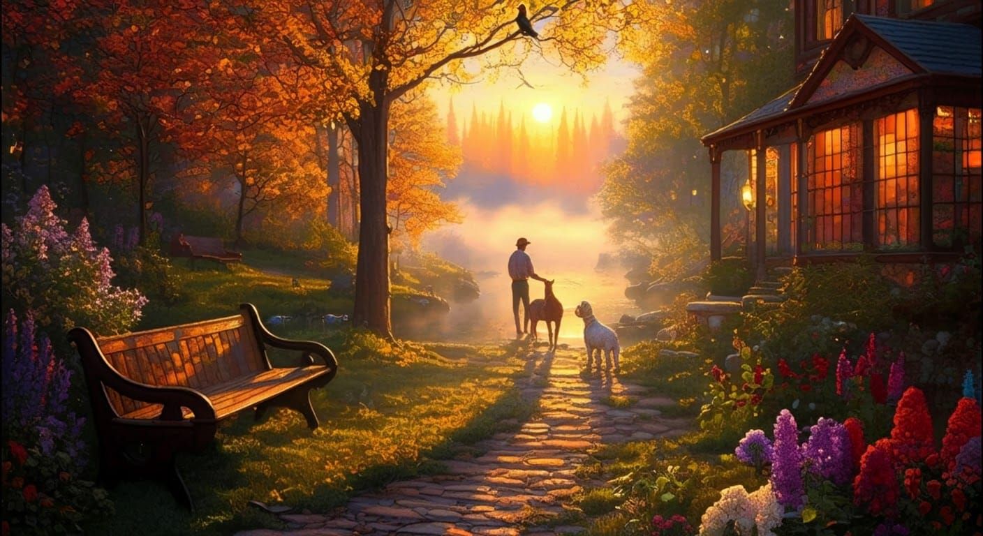 Ethereal Golden Hour Landscape in Thomas Kinkade Style