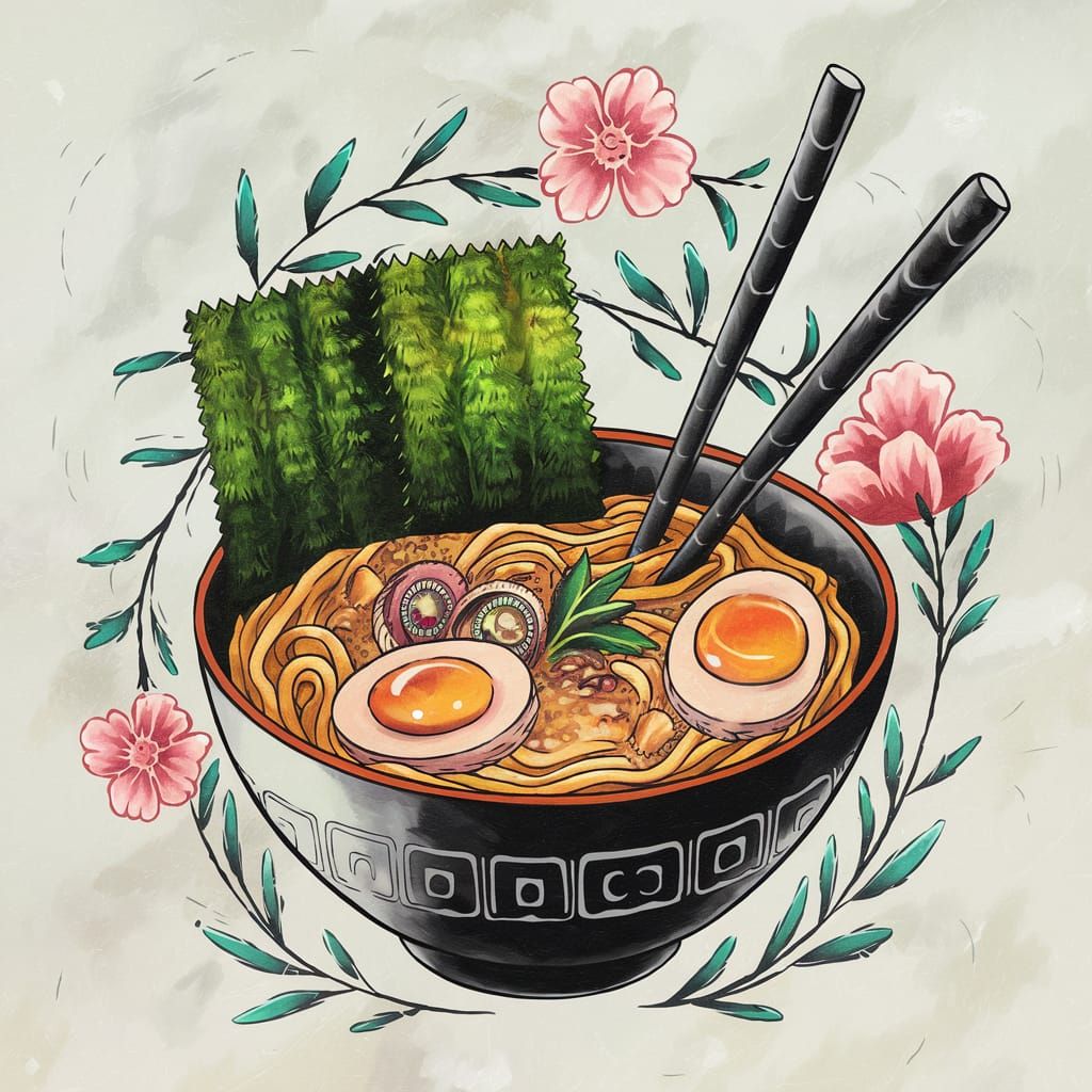 Ramen Tattoo Design in Studio Ghibli Style