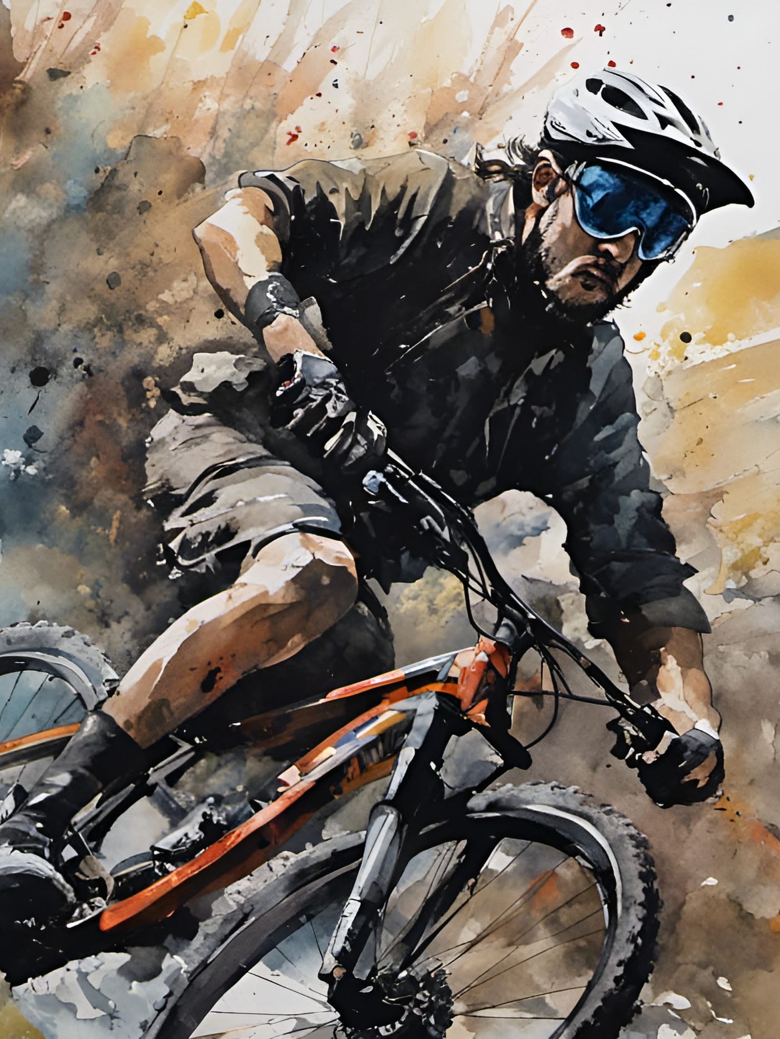 Watercolor Mountain Biker Portrait with Ink Splatters