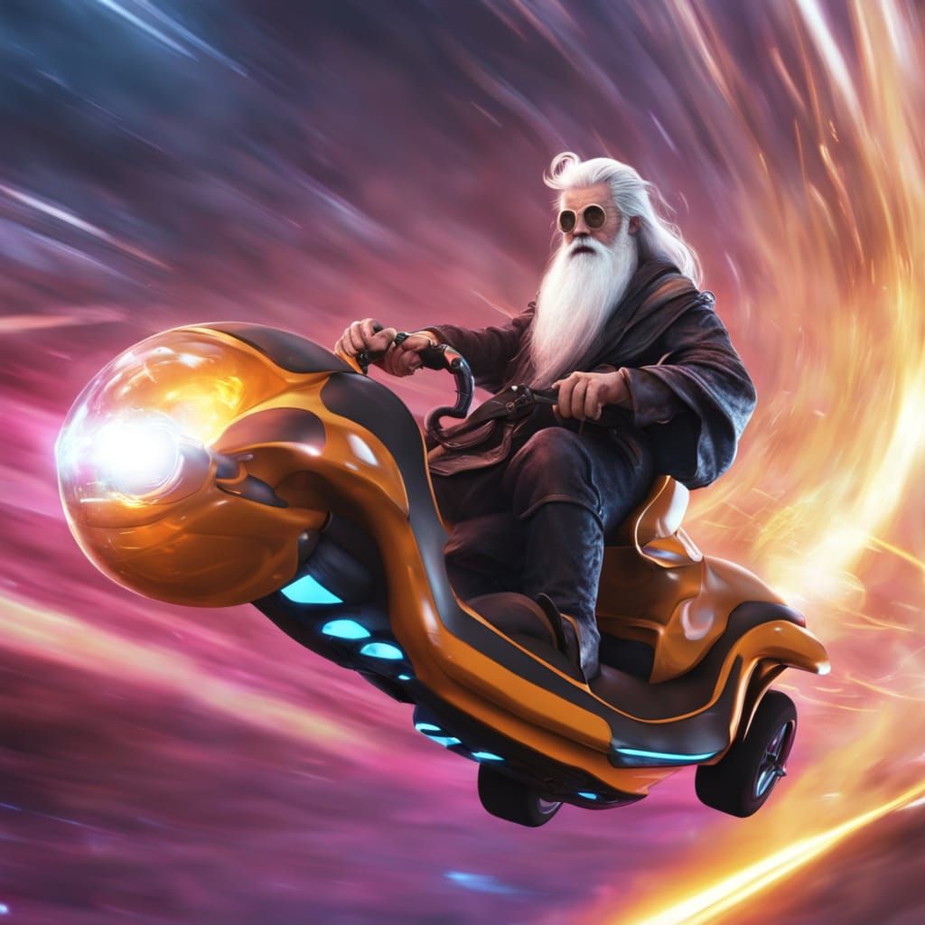 Wizard Riding Futuristic Hovertrike in Dreamcore Hyperdynami...