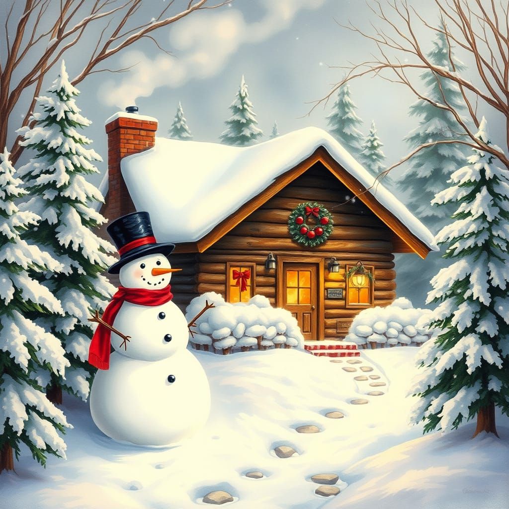 Cozy Winter Cabin Scene in Nostalgic Americana Style