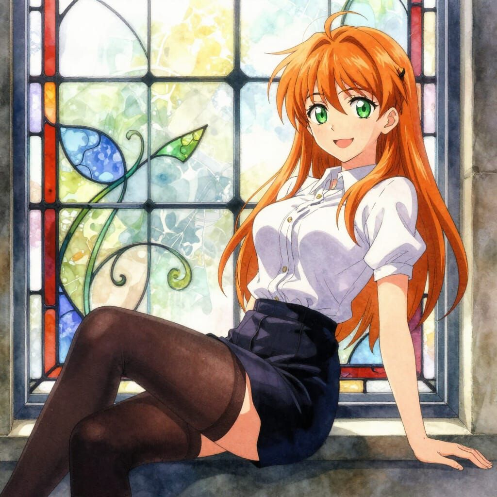 Anime Girl Smiling by Stained Glass Window