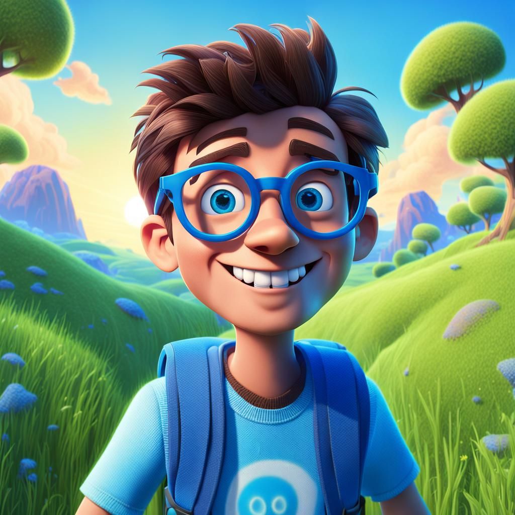 Nerdy Boy Portrait in Grassy Landscape: 3D Digital Art