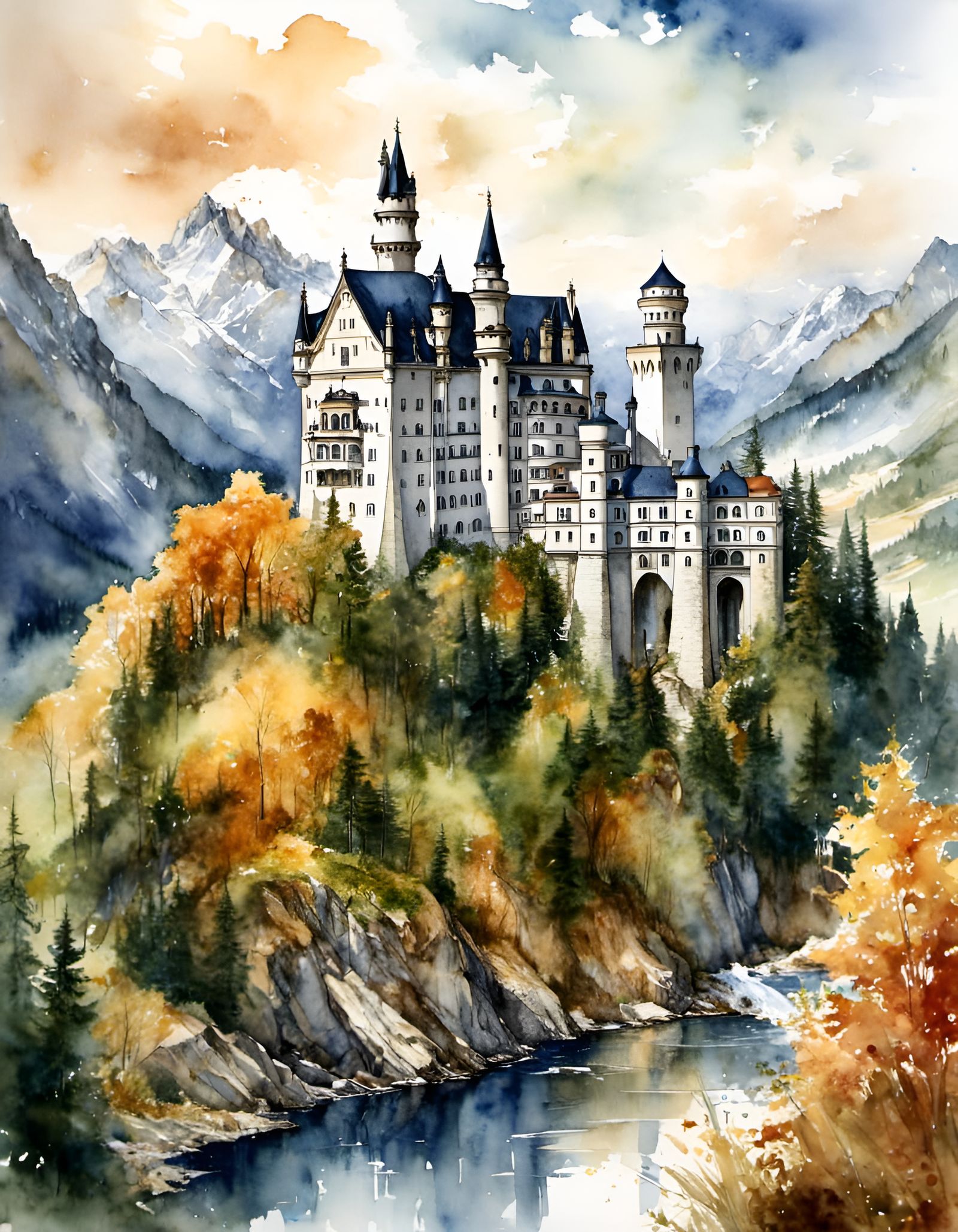 Neuschwanstein Castle in Watercolor Style