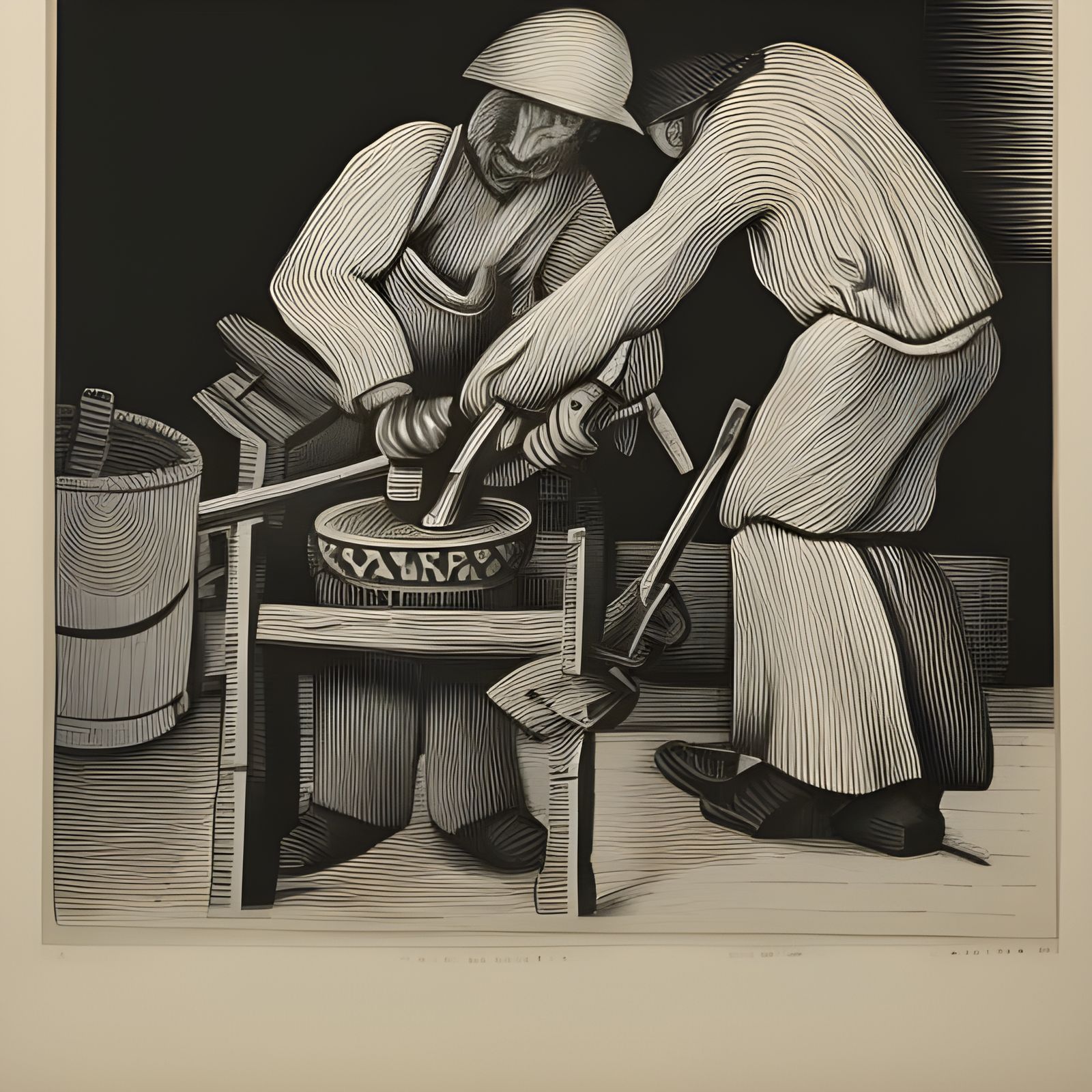 Checkered Workers Forging Wheel as Linocut