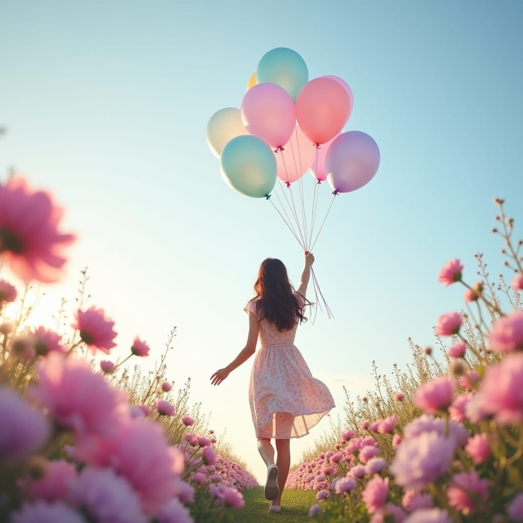 Japanese Woman in Pastel Garden with Balloons