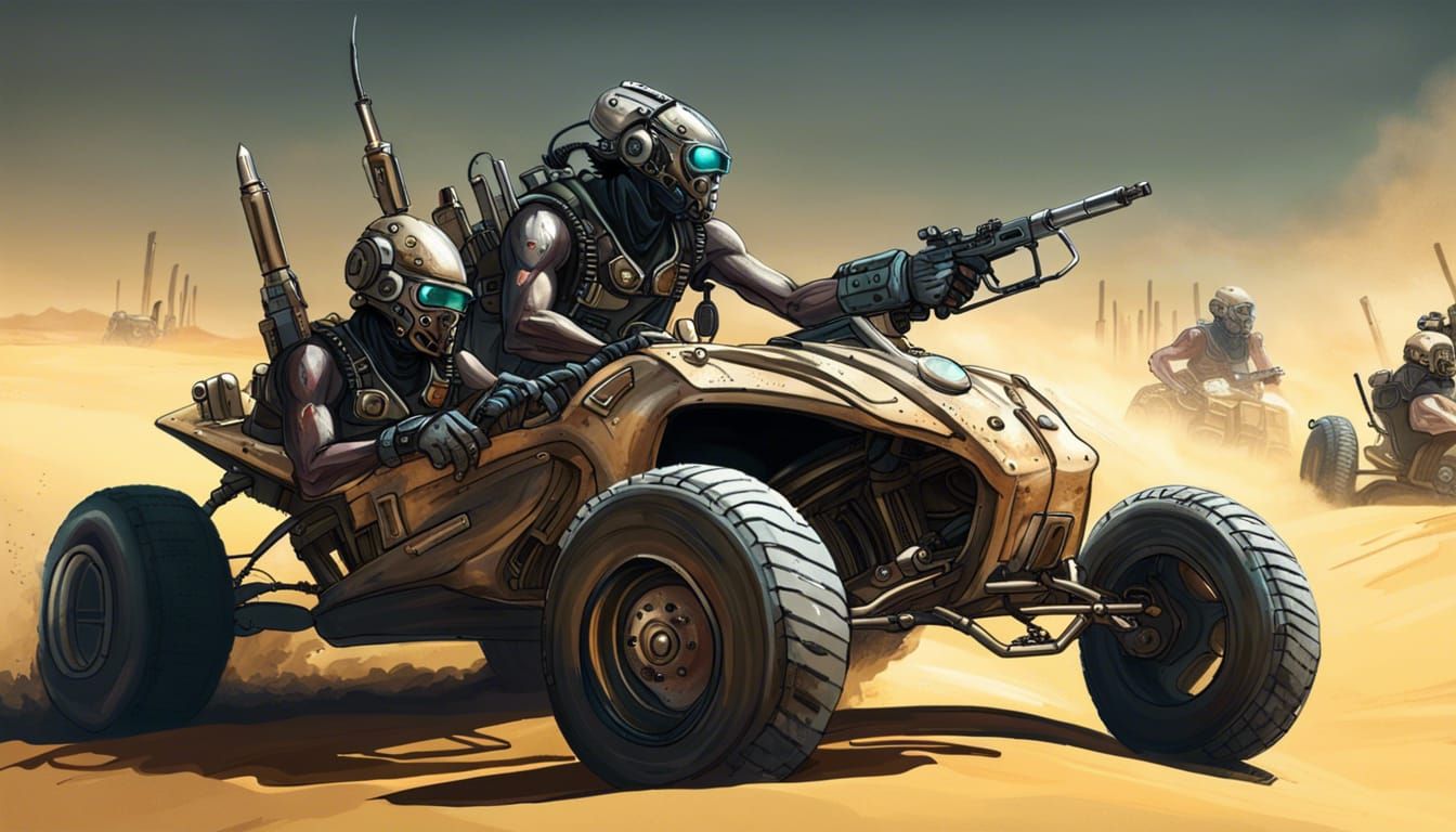 Cyberpunk Cyborgs Chase on Desert Dune Buggy