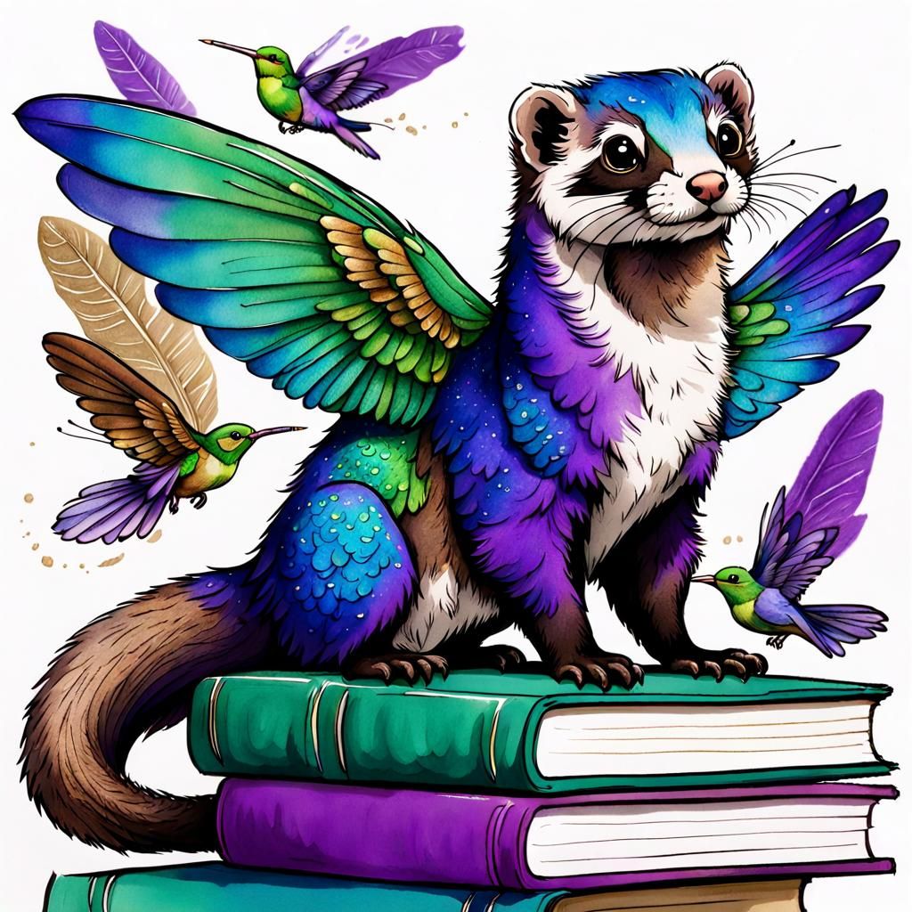 Ferret with Hummingbird Wings Ink Illustration