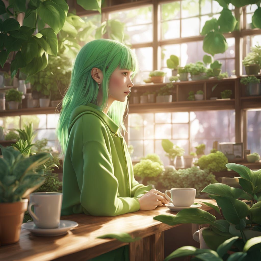 Anime Girl in Whimsical Botanical Coffee Shop Scene