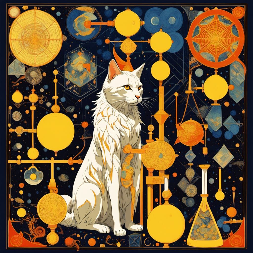 Celestial Geometric Scene with White Cat in Gold and Fluores...