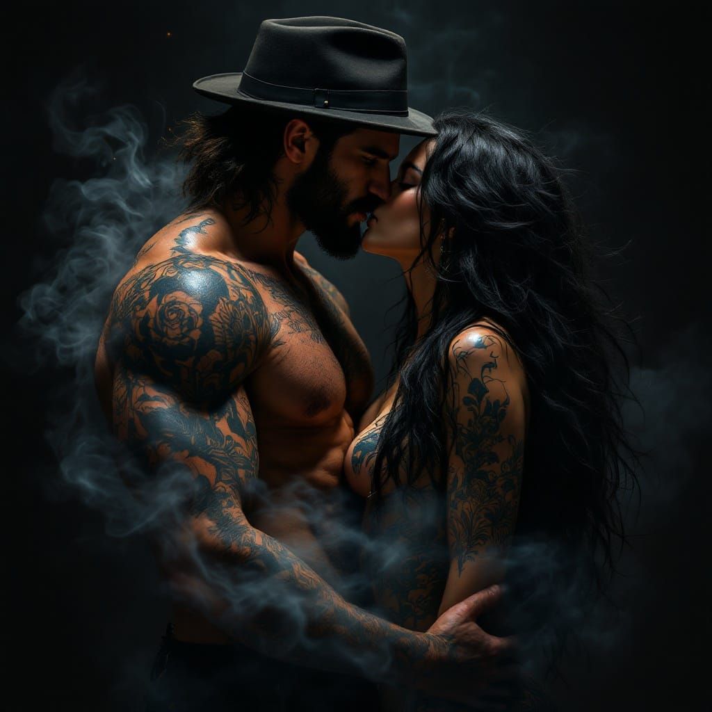 Tattooed Man and Woman Share Passionate Kiss in Dark Fantasy...