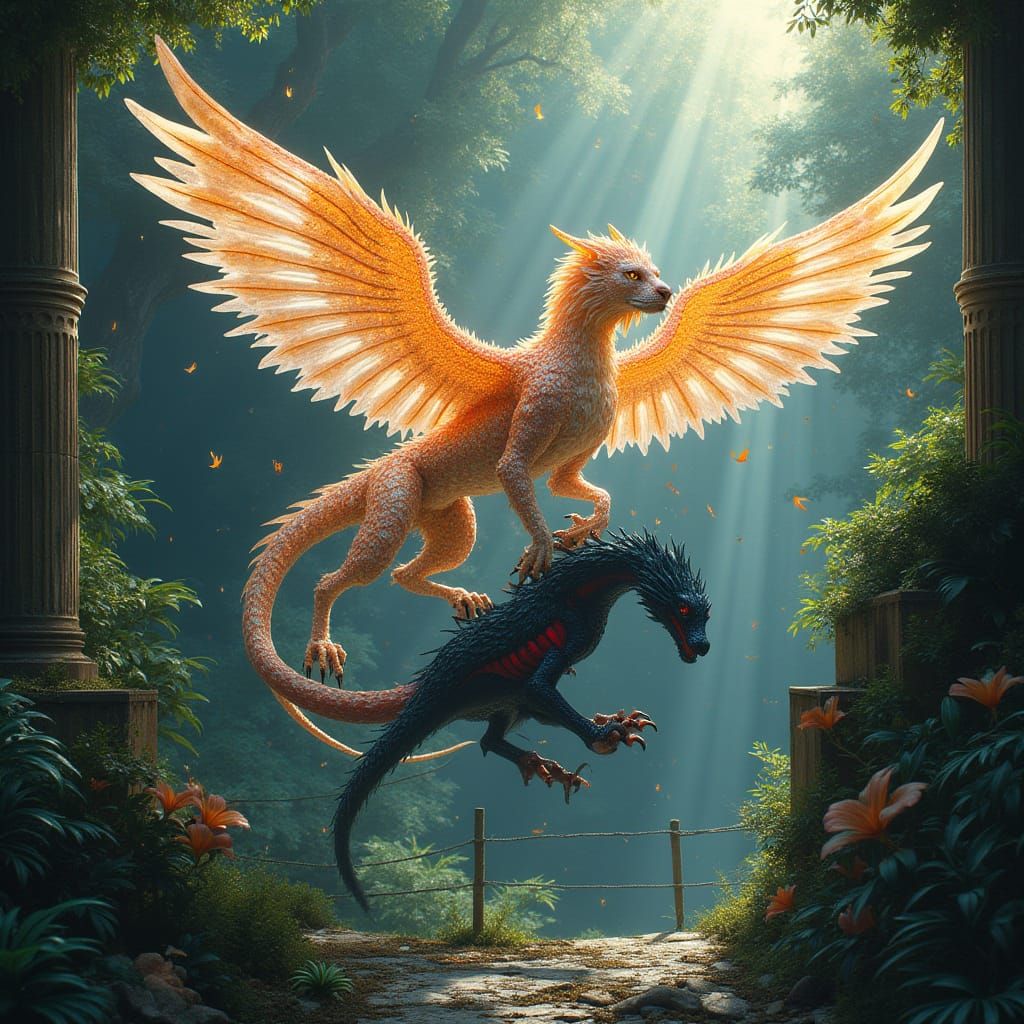 Glass Griffin vs Black Dragon in Art Nouveau Style