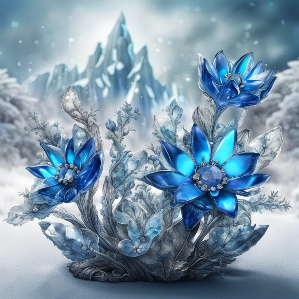 Blue Crystal Flowers in Winter Landscape