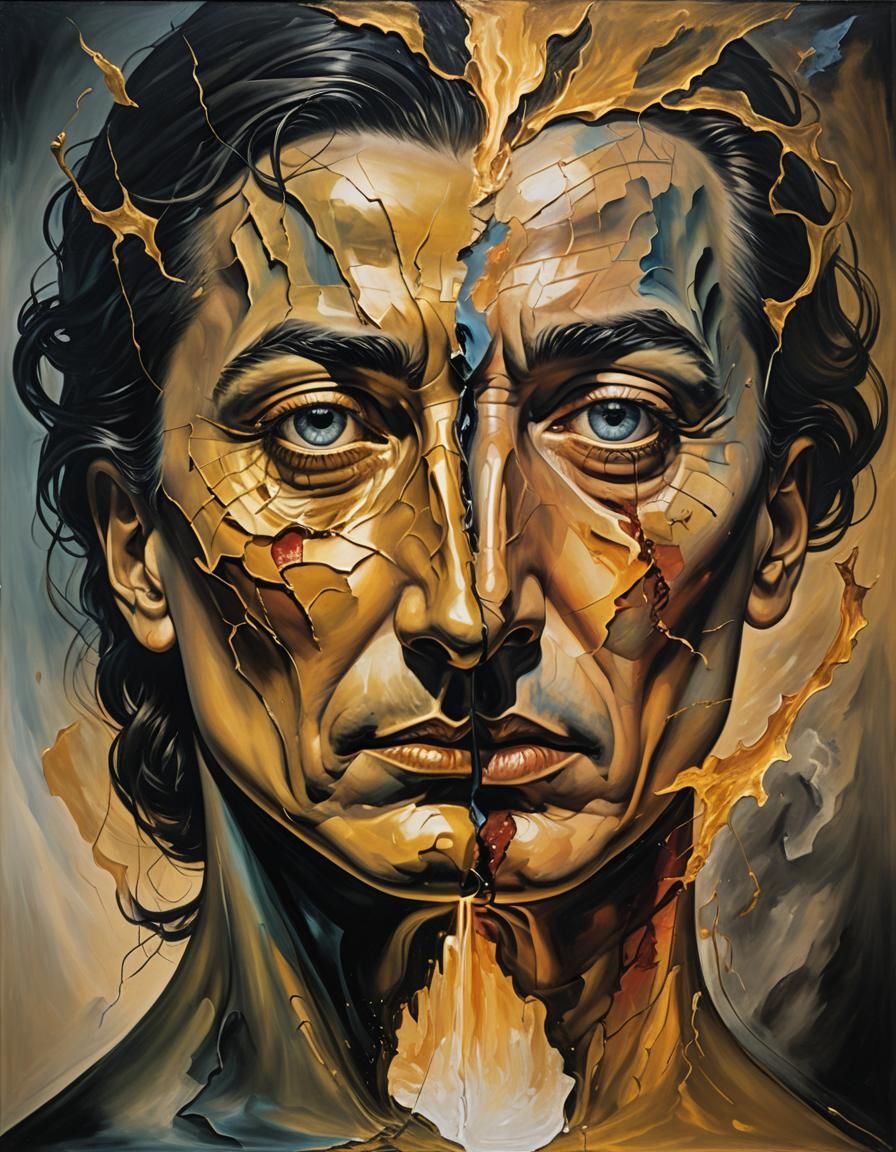 Surreal Face Torn Between Love and Hatred