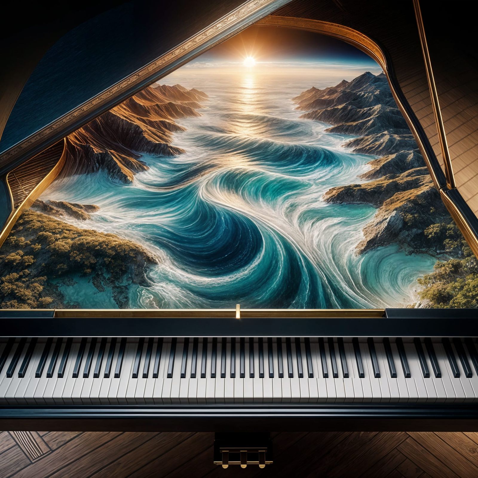 Tranquil Ocean Inside a Grand Piano