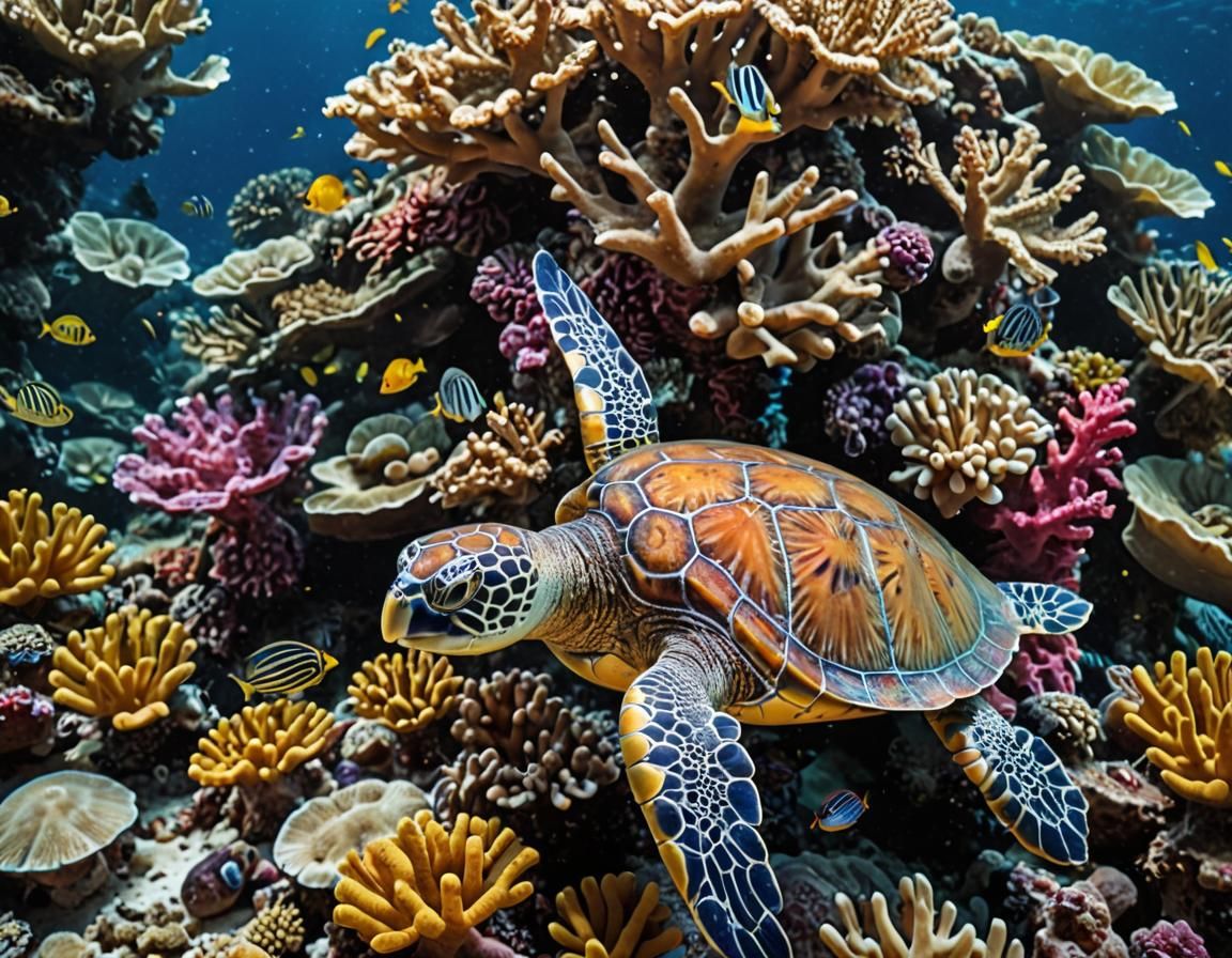 Vibrant Coral Reef Macro Photography with Sea Turtle