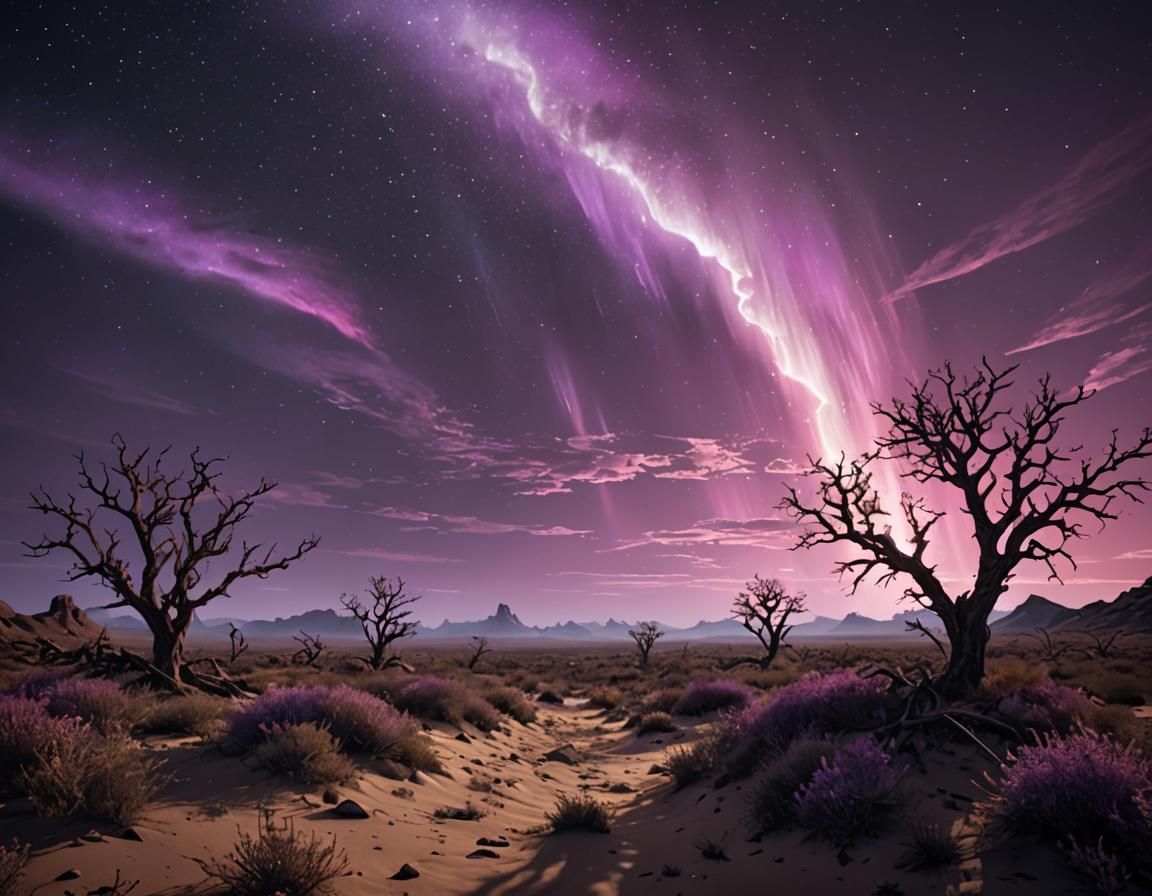 Purple Aurora Over Arid Landscape: Fantasy Concept Art