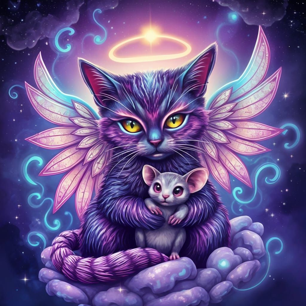 Cosmic Psychedelic Angel Cat and Mouse