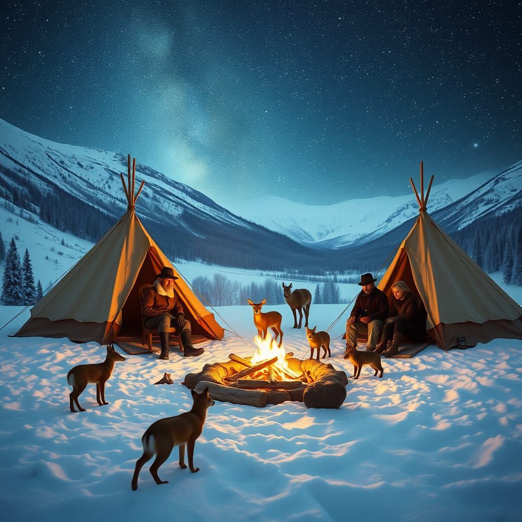 Vintage Winter Campers in a Starlit Snowy Valley