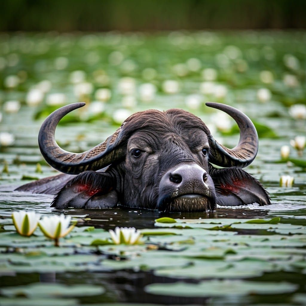 Water Buffalo in Lily Lake: Impressionistic Wildlife Art