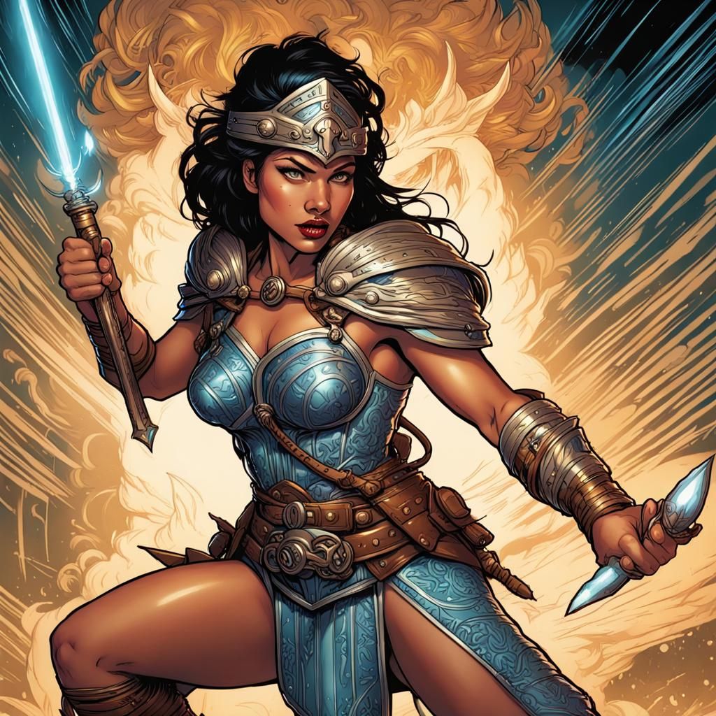 Time-Traveling Amazon Warrior in Comic Book Style