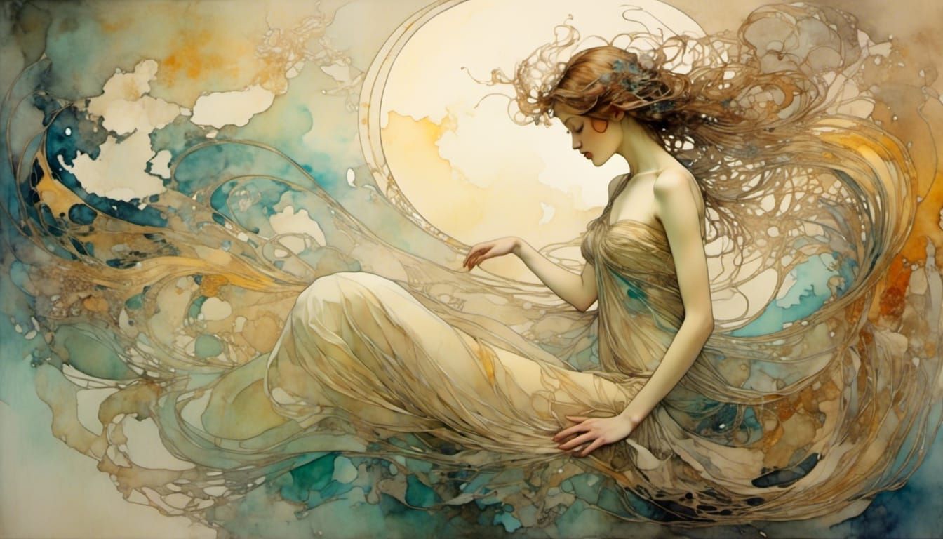 Ethereal Figure in Swirling Mist: Art Nouveau Style