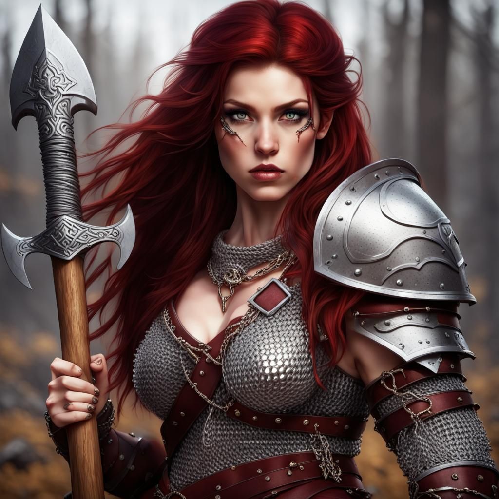 Barbarian Princess with Axe in Chainmail Armor