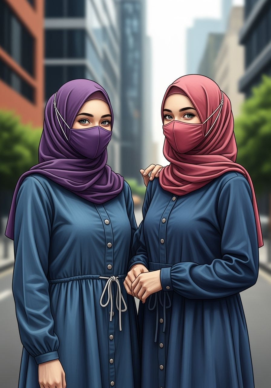 Elegant Hijabi Women Friends in a Cozy Cityscape