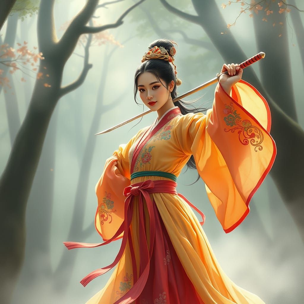 Korean Woman Sword Dance in Misty Forest